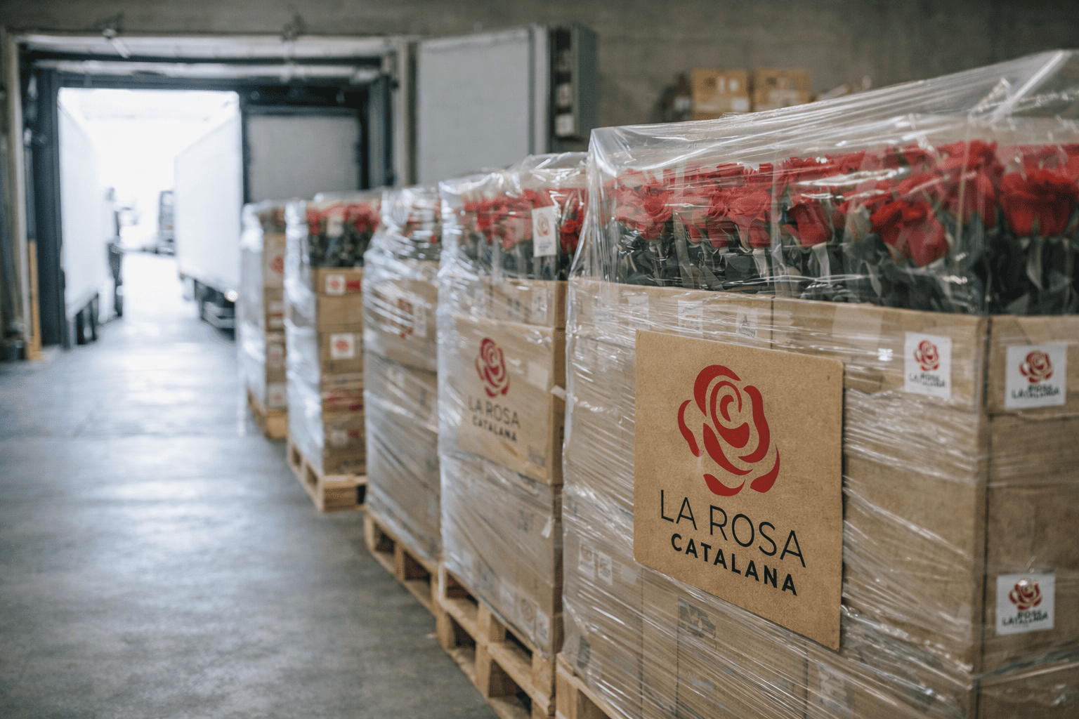 Moll de càrrega amb palets de roses